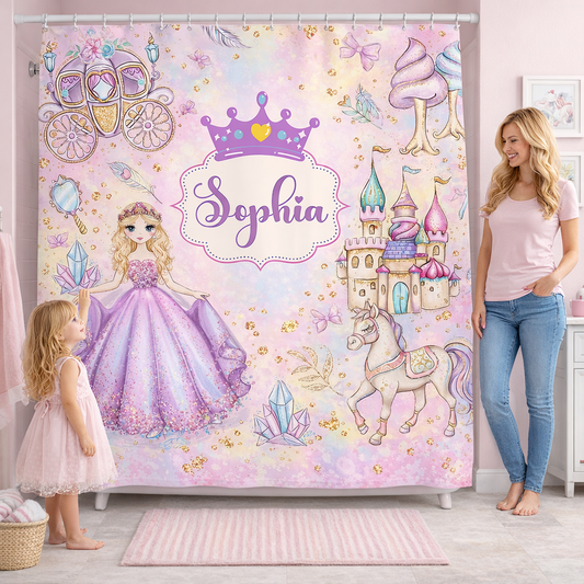 Personalized Girls Name Shower Curtain Custom Purple Gold Princess Unicorn Castle Royal State Coach Carriage Bathroom Decor SOPHIA