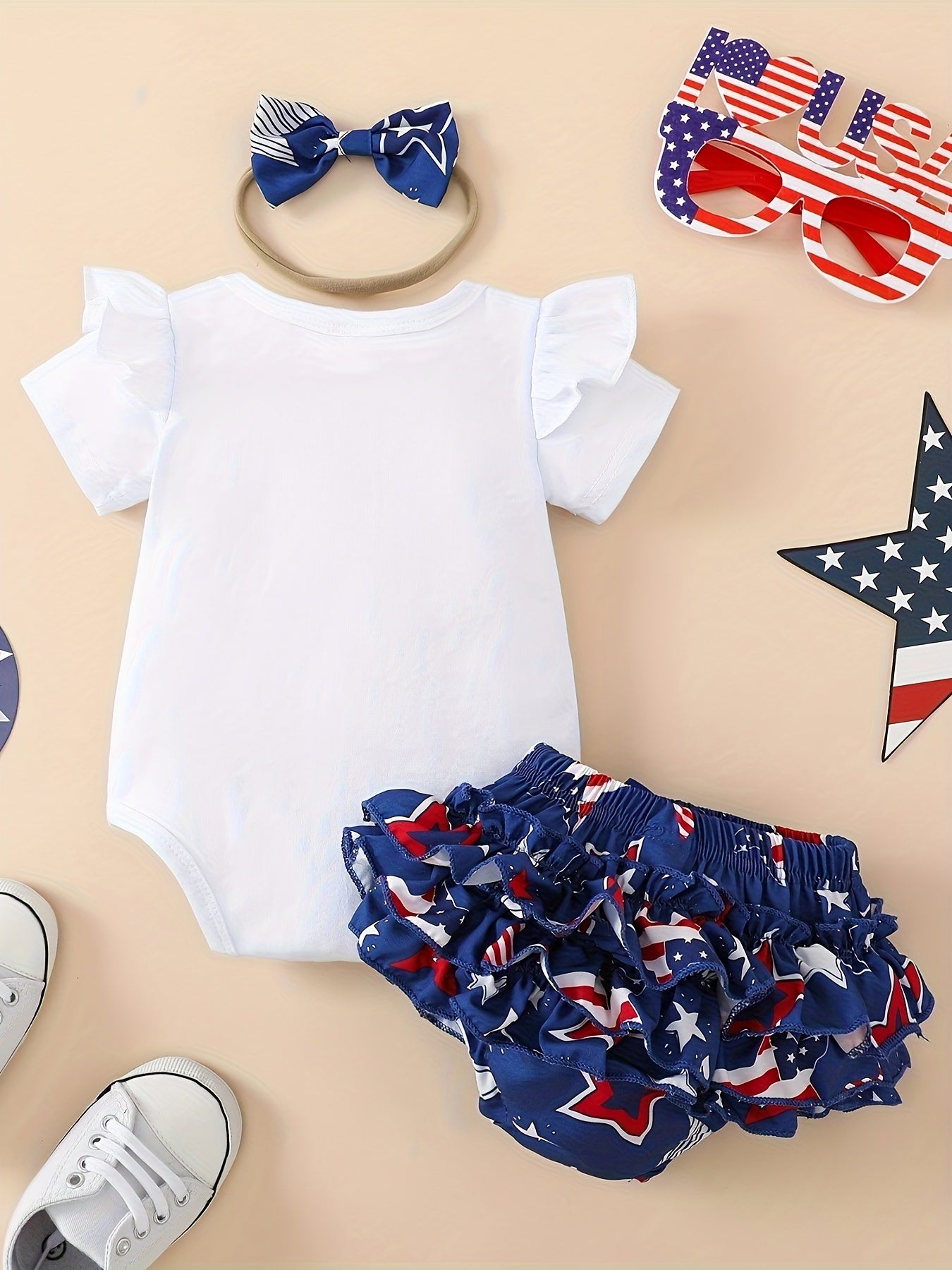 Baby Girls "My 1st 4th of July" Independence Day Outfit Ruffled Bodysuit Shorts and Bow Set
