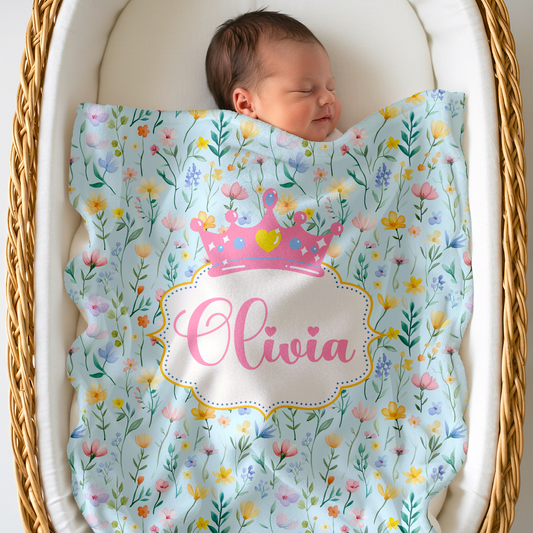 Personalized Girls Blanket Princess Floral Sherpa Blanket Pink Blue Custom Name Nursery Kids Bedroom Decor Baby Shower Gift OLIVIA