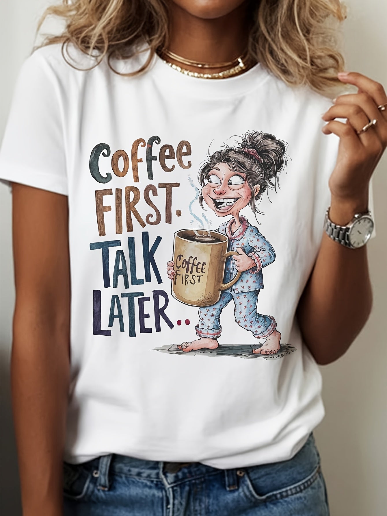 "Coffee First Talk Later" Women's Funny Coffee Lover Cartoon Graphic T-Shirt (White)