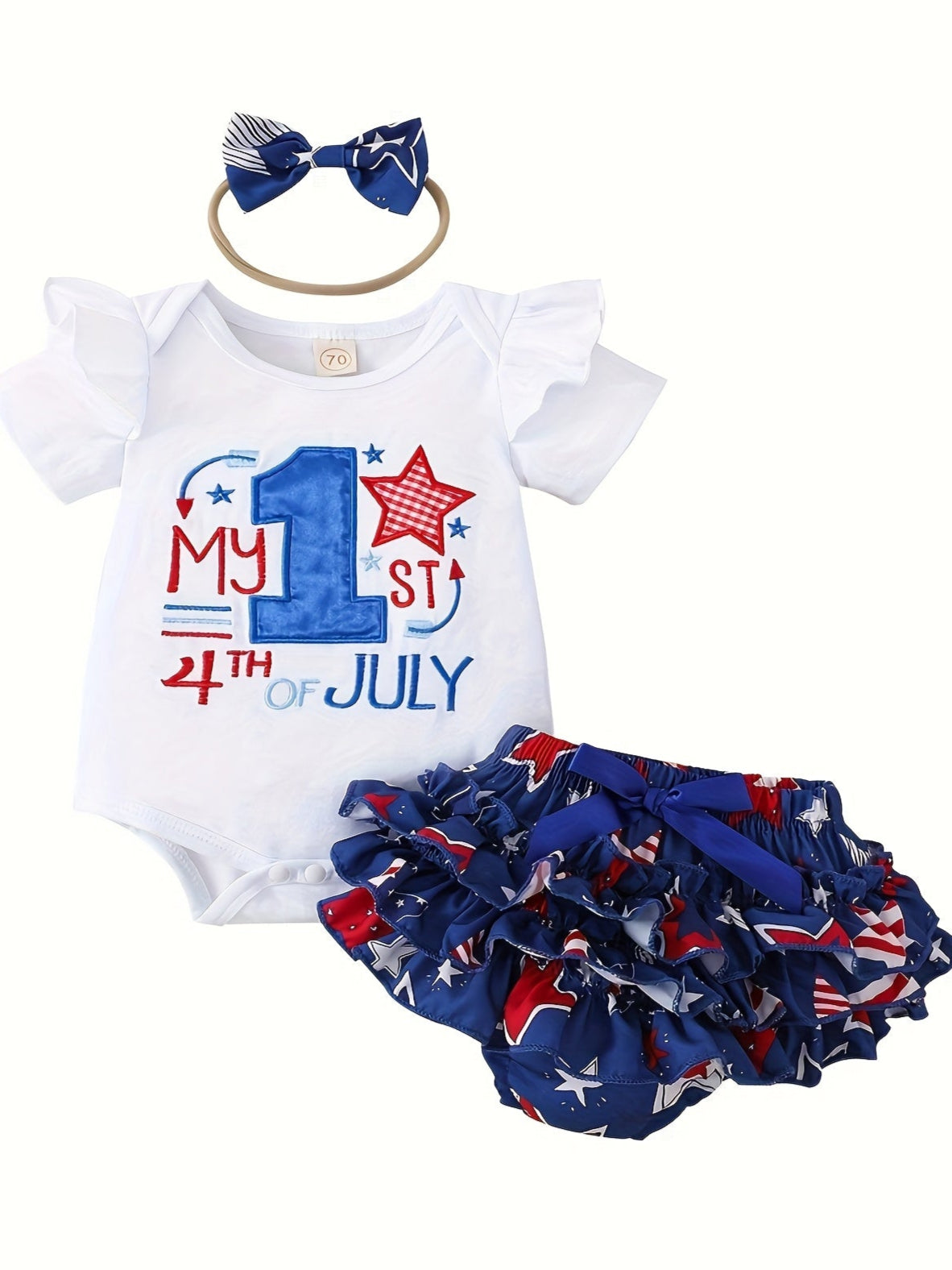Baby Girls "My 1st 4th of July" Independence Day Outfit Ruffled Bodysuit Shorts and Bow Set
